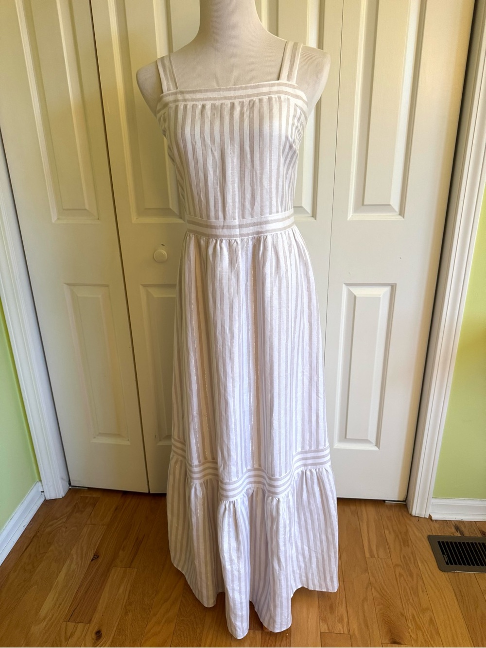 LOFT White/Beige Stripped Linen Blend Long Dress 6 NWOT